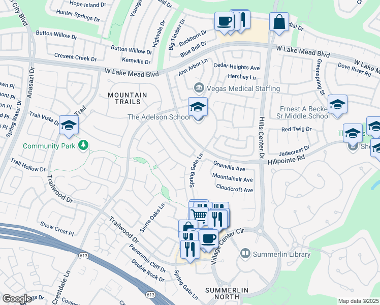 map of restaurants, bars, coffee shops, grocery stores, and more near 2120 Crestline Falls Place in Las Vegas