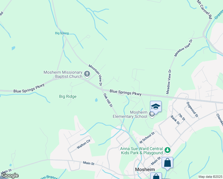 map of restaurants, bars, coffee shops, grocery stores, and more near 8136 Blue Springs Parkway in Mosheim