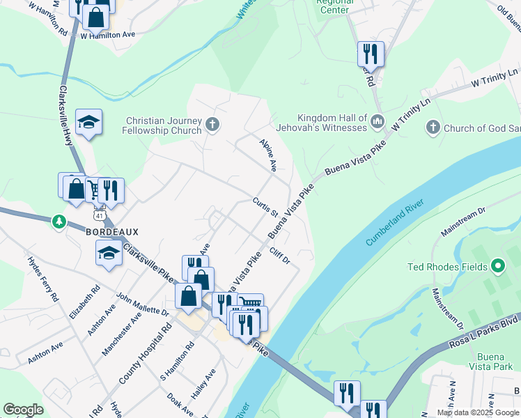 map of restaurants, bars, coffee shops, grocery stores, and more near 3202 Curtis Street in Nashville