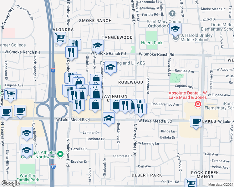 map of restaurants, bars, coffee shops, grocery stores, and more near 2121 Chertsey Drive in Las Vegas