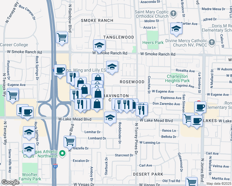map of restaurants, bars, coffee shops, grocery stores, and more near 2124 Willowbury Drive in Las Vegas