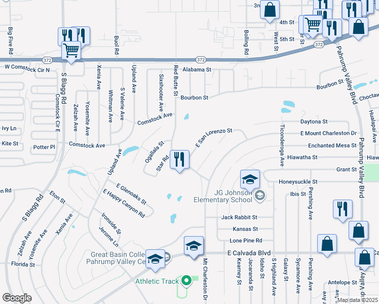 map of restaurants, bars, coffee shops, grocery stores, and more near 590 East San Lorenzo Street in Pahrump