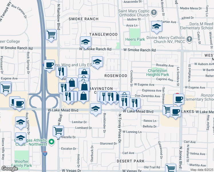 map of restaurants, bars, coffee shops, grocery stores, and more near 2120 Chertsey Drive in Las Vegas
