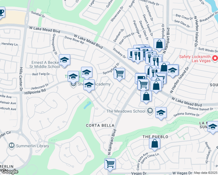 map of restaurants, bars, coffee shops, grocery stores, and more near 2113 Waterbury Lane in Las Vegas