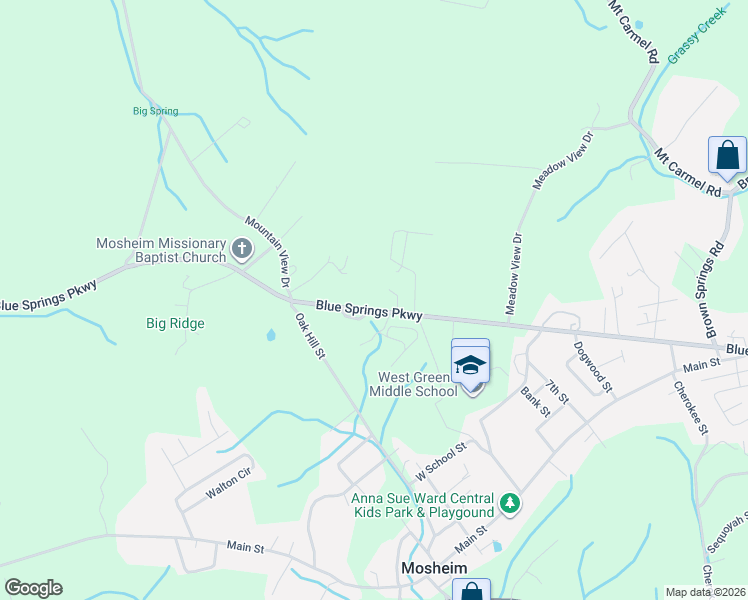 map of restaurants, bars, coffee shops, grocery stores, and more near 145 Fieldstone Loop in Mosheim