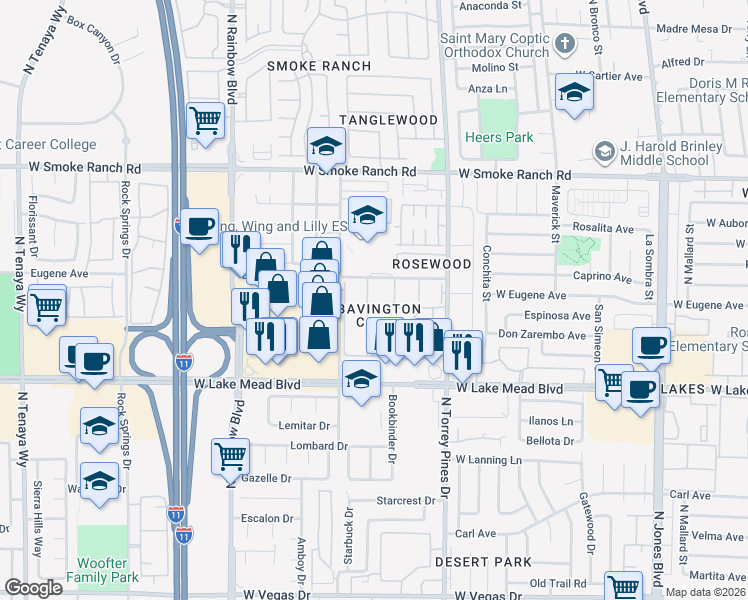 map of restaurants, bars, coffee shops, grocery stores, and more near 2120 Willowbury Drive in Las Vegas