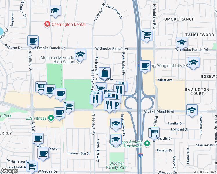 map of restaurants, bars, coffee shops, grocery stores, and more near 2150 North Tenaya Way in Las Vegas