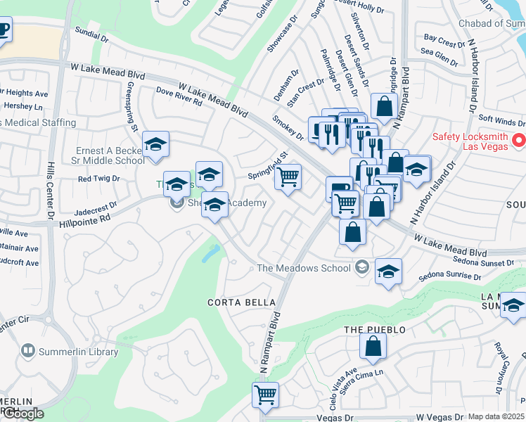 map of restaurants, bars, coffee shops, grocery stores, and more near 2113 Waterbury Lane in Las Vegas