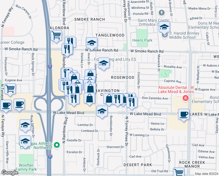 map of restaurants, bars, coffee shops, grocery stores, and more near 2121 Chertsey Drive in Las Vegas