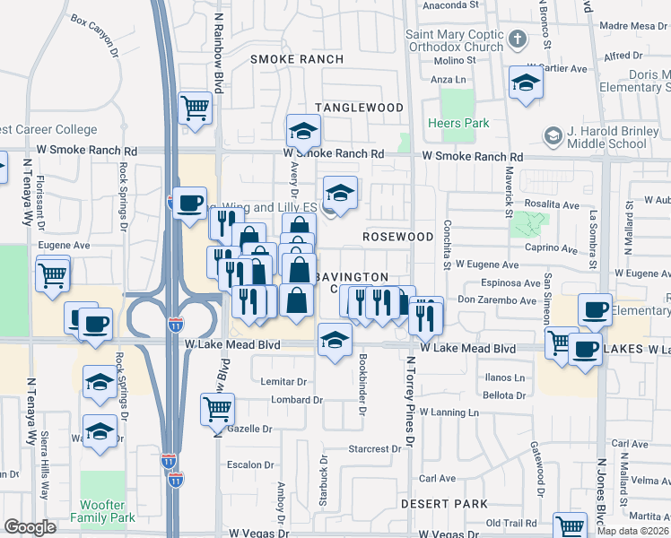 map of restaurants, bars, coffee shops, grocery stores, and more near 2140 Willowbury Drive in Las Vegas