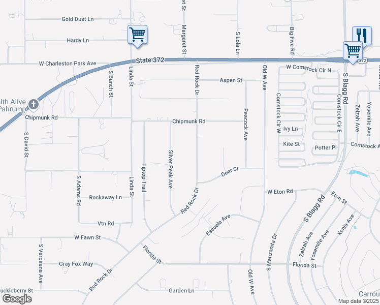 map of restaurants, bars, coffee shops, grocery stores, and more near 1430 Red Rock Drive in Pahrump
