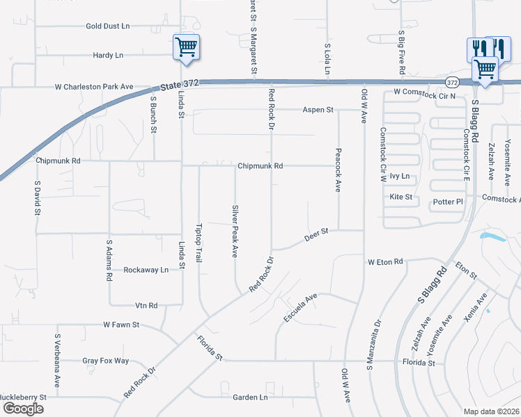 map of restaurants, bars, coffee shops, grocery stores, and more near 1430 Red Rock Drive in Pahrump