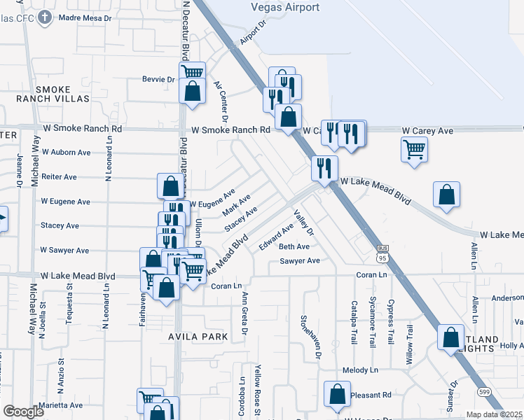 map of restaurants, bars, coffee shops, grocery stores, and more near 4409 Stacey Avenue in Las Vegas