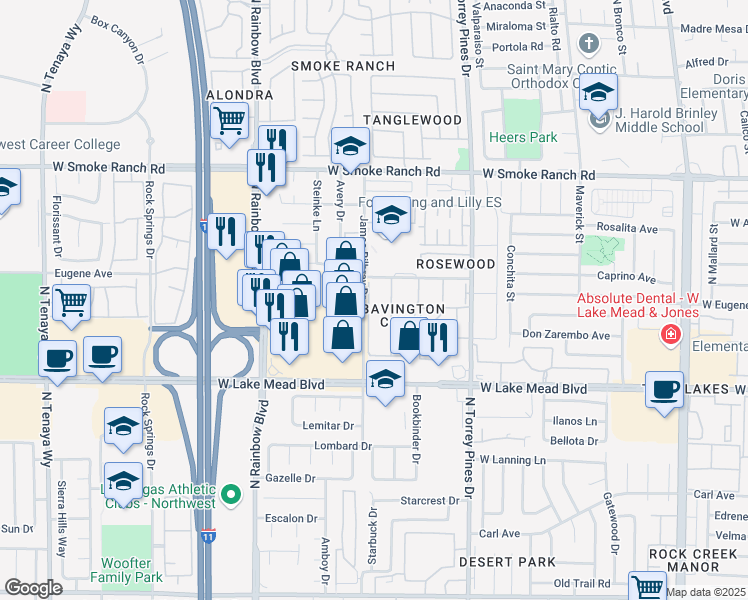 map of restaurants, bars, coffee shops, grocery stores, and more near 2120 Bavington Drive in Las Vegas