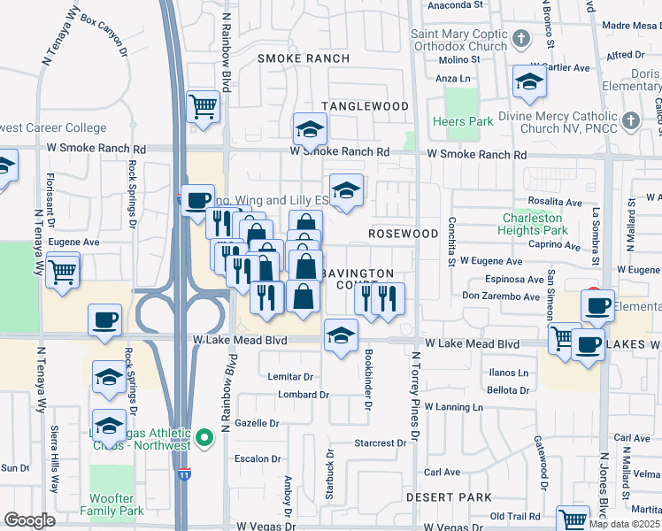 map of restaurants, bars, coffee shops, grocery stores, and more near 2120 Bavington Drive in Las Vegas