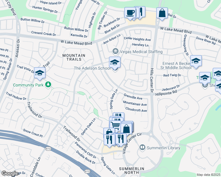 map of restaurants, bars, coffee shops, grocery stores, and more near 2120 Crestline Falls Place in Las Vegas