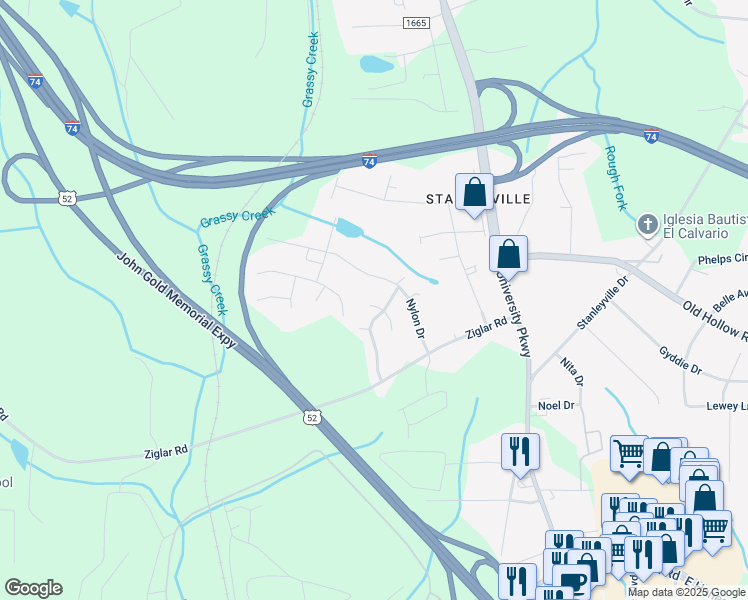 map of restaurants, bars, coffee shops, grocery stores, and more near 5849 Bushberry Court in Winston-Salem