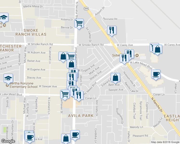 map of restaurants, bars, coffee shops, grocery stores, and more near 4512 Mark Avenue in Las Vegas