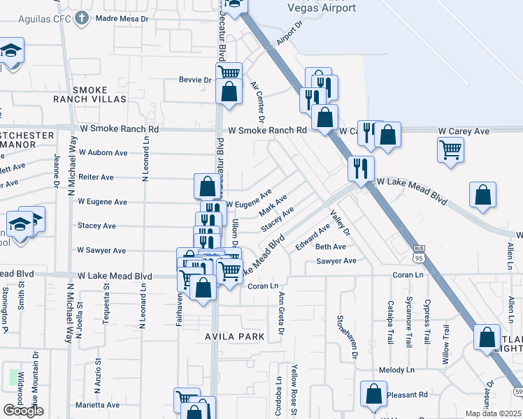 map of restaurants, bars, coffee shops, grocery stores, and more near 4512 Mark Avenue in Las Vegas