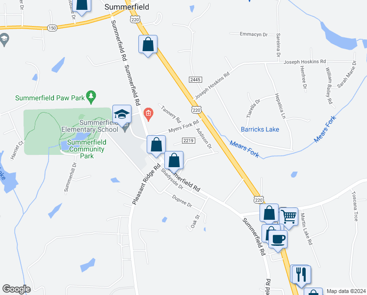 map of restaurants, bars, coffee shops, grocery stores, and more near 5009 Loire Drive in Summerfield