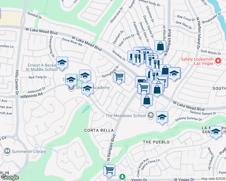 map of restaurants, bars, coffee shops, grocery stores, and more near 2120 Waterbury Lane in Las Vegas