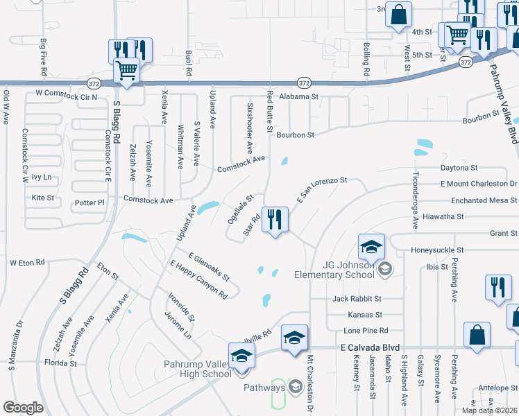 map of restaurants, bars, coffee shops, grocery stores, and more near 1361 Ogallala Street in Pahrump