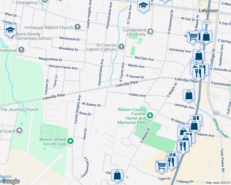 map of restaurants, bars, coffee shops, grocery stores, and more near 446 Hobbs Avenue in Lebanon