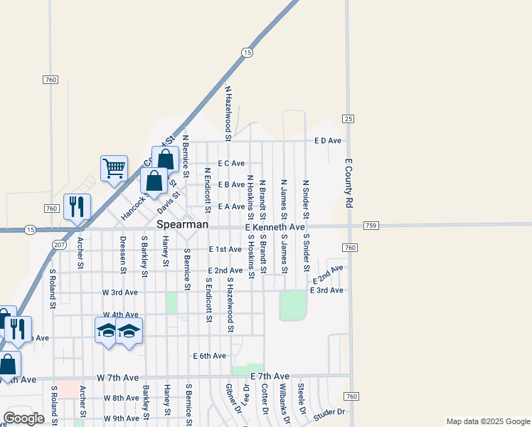map of restaurants, bars, coffee shops, grocery stores, and more near 101 North Brandt Street in Spearman
