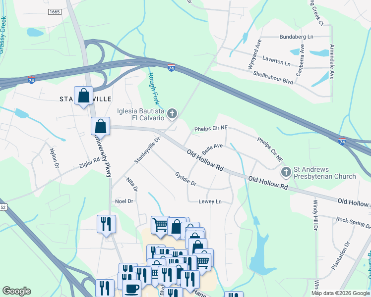 map of restaurants, bars, coffee shops, grocery stores, and more near 269 Phelps Circle Northeast in Winston-Salem
