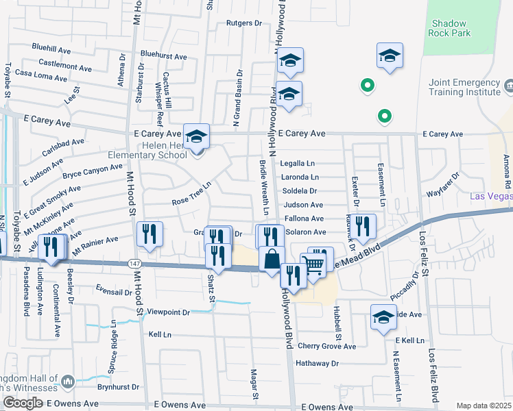 map of restaurants, bars, coffee shops, grocery stores, and more near 2217 Bridle Wreath Lane in Las Vegas