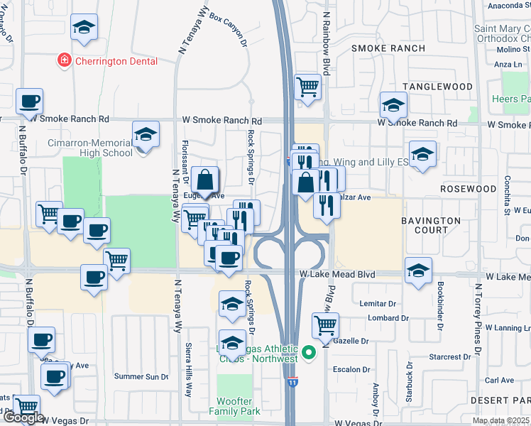 map of restaurants, bars, coffee shops, grocery stores, and more near 9 Rock Springs Drive in Las Vegas