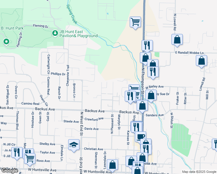 map of restaurants, bars, coffee shops, grocery stores, and more near 1508 North Pleasant Street in Springdale