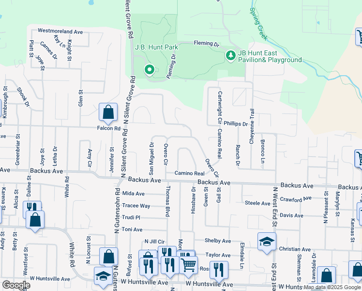 map of restaurants, bars, coffee shops, grocery stores, and more near 1422 Buena Vista Circle in Springdale