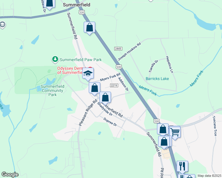 map of restaurants, bars, coffee shops, grocery stores, and more near 5009 Loire Drive in Summerfield