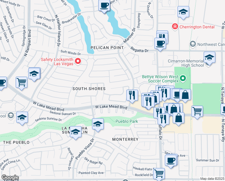 map of restaurants, bars, coffee shops, grocery stores, and more near 7913 Waterfalls Avenue in Las Vegas