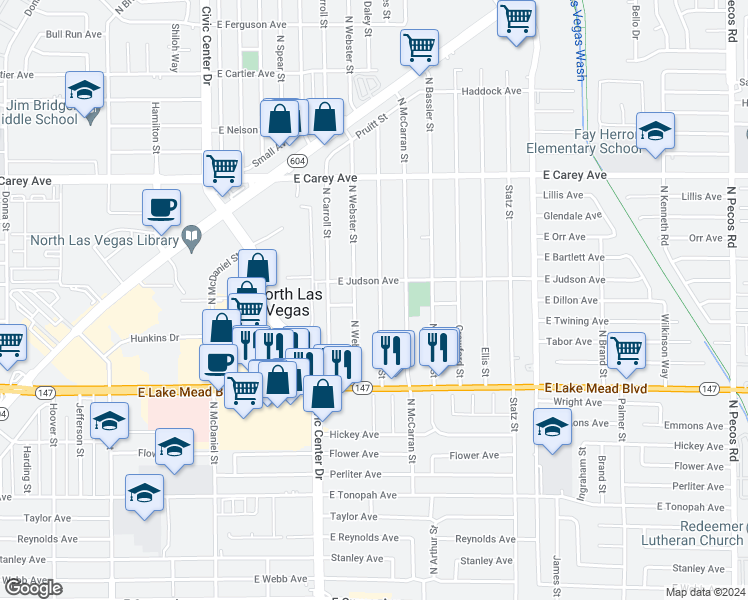 map of restaurants, bars, coffee shops, grocery stores, and more near 2145 Daley Street in North Las Vegas