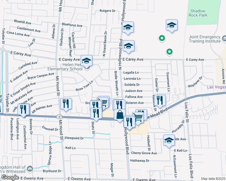 map of restaurants, bars, coffee shops, grocery stores, and more near 2217 Bridle Wreath Lane in Las Vegas