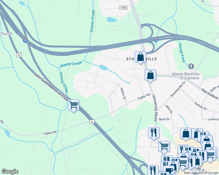 map of restaurants, bars, coffee shops, grocery stores, and more near 5853 Bushberry Court in Winston-Salem