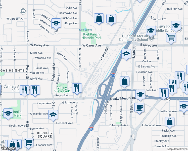 map of restaurants, bars, coffee shops, grocery stores, and more near 2 Miller Avenue in North Las Vegas