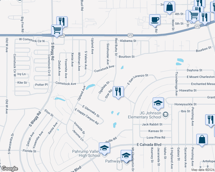 map of restaurants, bars, coffee shops, grocery stores, and more near 1401 Ogallala Street in Pahrump