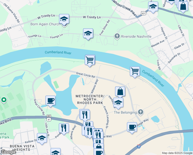 map of restaurants, bars, coffee shops, grocery stores, and more near 414 Great Circle Road in Nashville