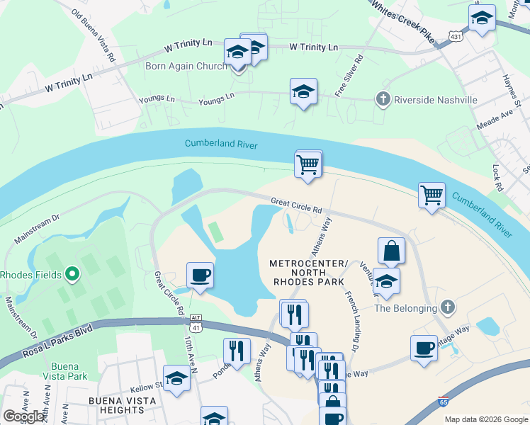map of restaurants, bars, coffee shops, grocery stores, and more near 414-598 Great Circle Rd in Nashville