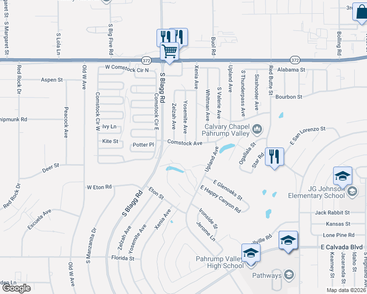 map of restaurants, bars, coffee shops, grocery stores, and more near 1341 Zelzah Avenue in Pahrump