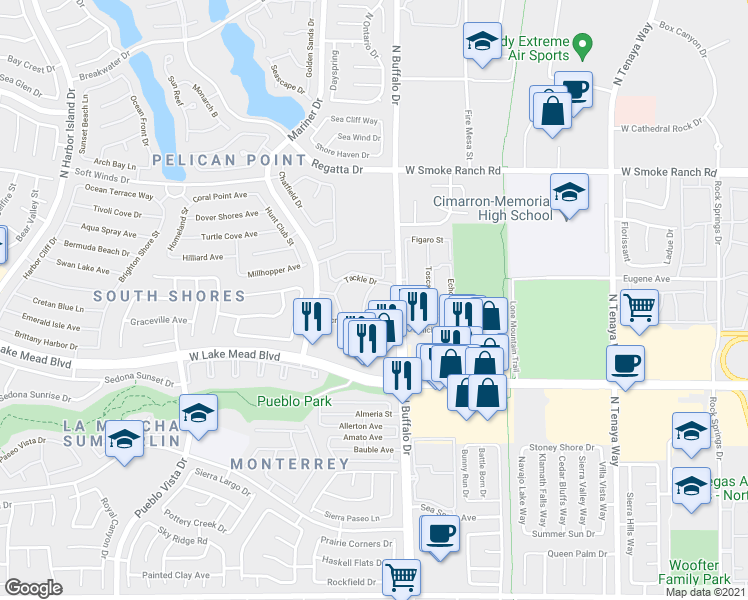 map of restaurants, bars, coffee shops, grocery stores, and more near 2130 Sealion Drive in Las Vegas