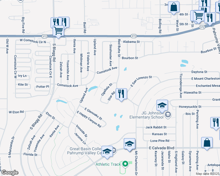 map of restaurants, bars, coffee shops, grocery stores, and more near 1361 Ogallala Street in Pahrump