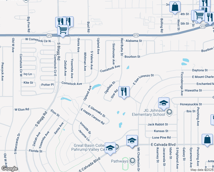 map of restaurants, bars, coffee shops, grocery stores, and more near 1200 Red Butte Street in Pahrump