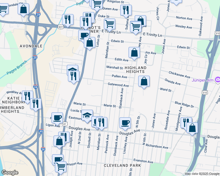 map of restaurants, bars, coffee shops, grocery stores, and more near 301 Gatewood Avenue in Nashville