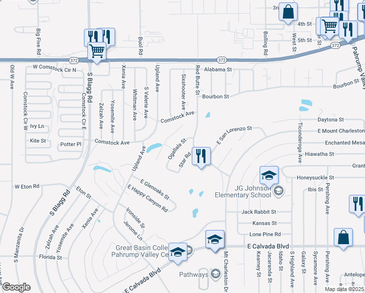 map of restaurants, bars, coffee shops, grocery stores, and more near 1361 Ogallala Street in Pahrump