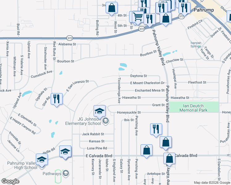 map of restaurants, bars, coffee shops, grocery stores, and more near 991 Enchanted Mesa Street in Pahrump