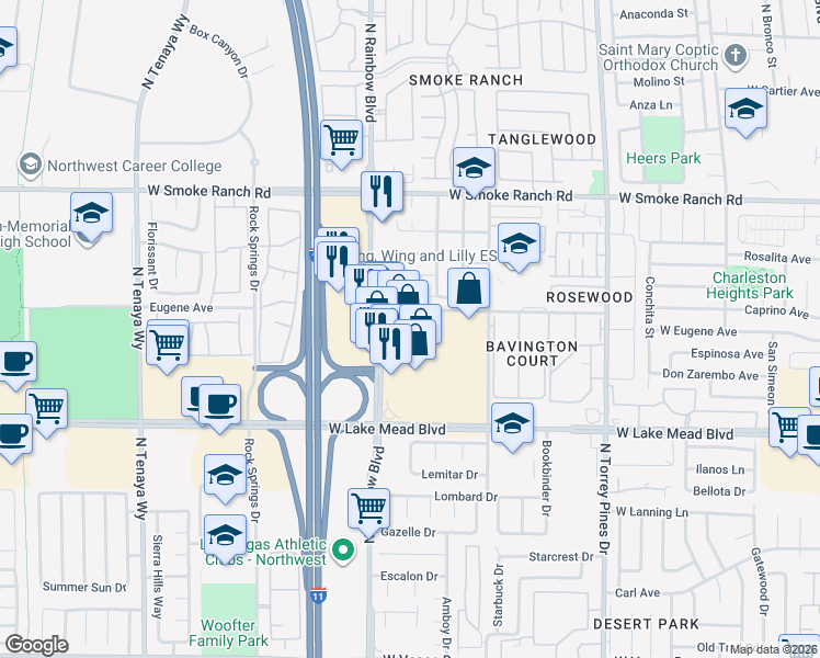 map of restaurants, bars, coffee shops, grocery stores, and more near 6617 Woodsworth Avenue in Las Vegas